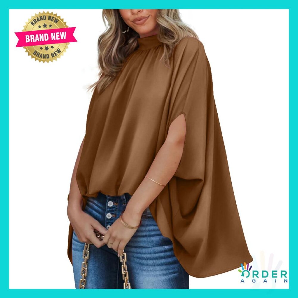 Satin Mock Neck Batwing Sleeve Blouse Elegant Oversized Chic Work Casual